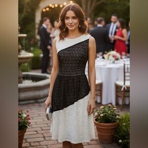 BLACK Saks Fifth Avenue Asymmetric Colorblock Lace Dress